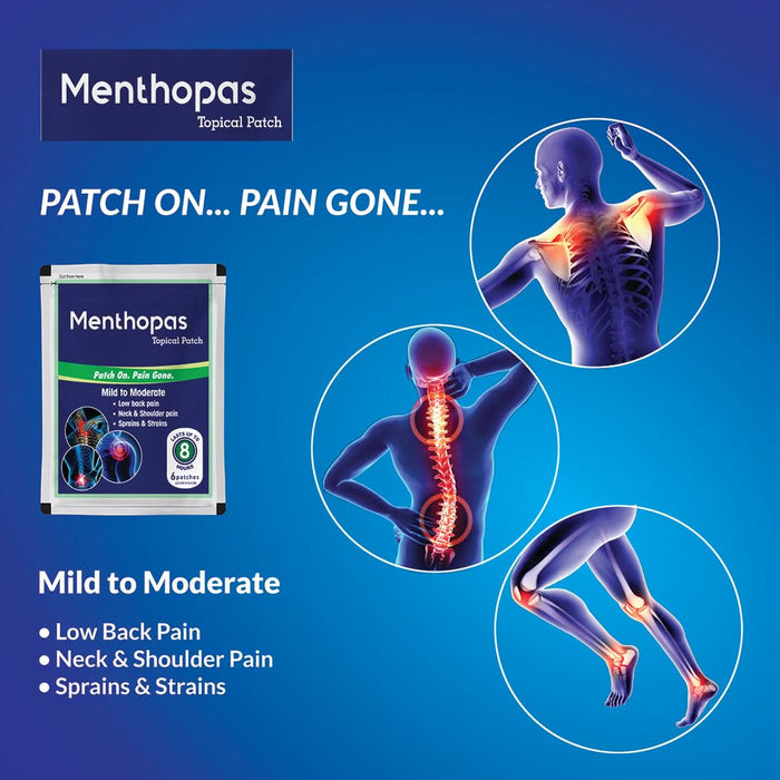 Menthopas Topical Pain Relief Patch | Non - Medicated, Skin - Adhesive Patch for Musculoskeletal Pain | Provides Up to 8 Hours of Relief | Soothes Sprains, Strains, Back & Joint Pain | Waterproof & Non - Greasy | Each Pack Contains 3 Patches - Azistastore