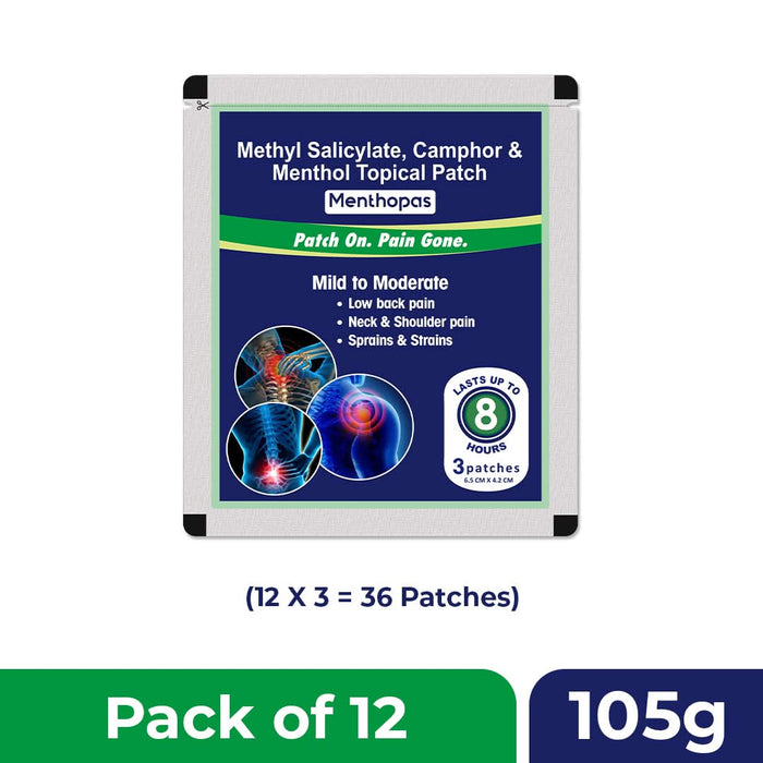 Menthopas Topical Pain Relief Patch | Non - Medicated, Skin - Adhesive Patch for Musculoskeletal Pain | Provides Up to 8 Hours of Relief | Soothes Sprains, Strains, Back & Joint Pain | Waterproof & Non - Greasy | Each Pack Contains 3 Patches - Azistastore