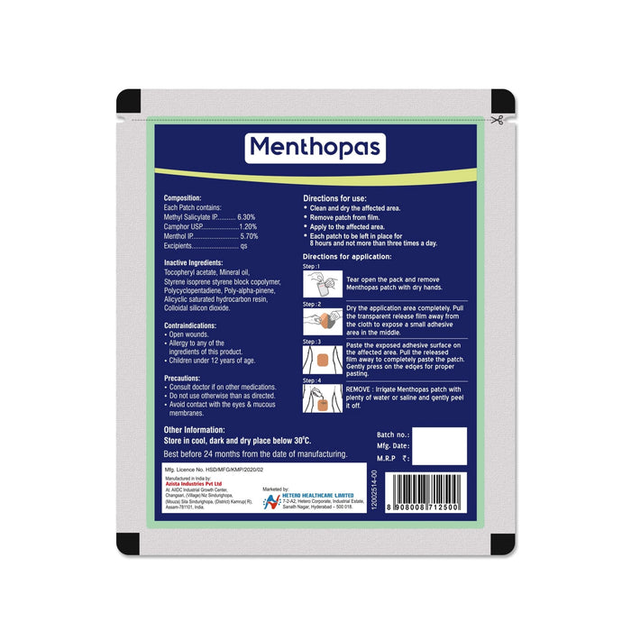 Menthopas Topical Pain Relief Patch | Non - Medicated, Skin - Adhesive Patch for Musculoskeletal Pain | Provides Up to 8 Hours of Relief | Soothes Sprains, Strains, Back & Joint Pain | Waterproof & Non - Greasy | Each Pack Contains 3 Patches - Azistastore