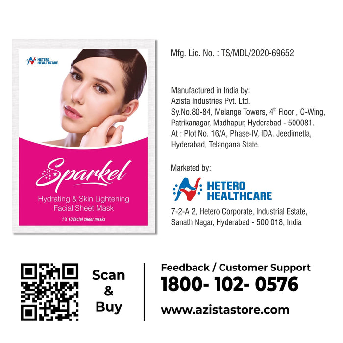Sparkel | Hydrating & Skin Lightening Facial Sheet Mask | With Aloe Vera, Olive Leaf & Rose Fragrance | Moisturising & Brightening Skin Care - Azistastore