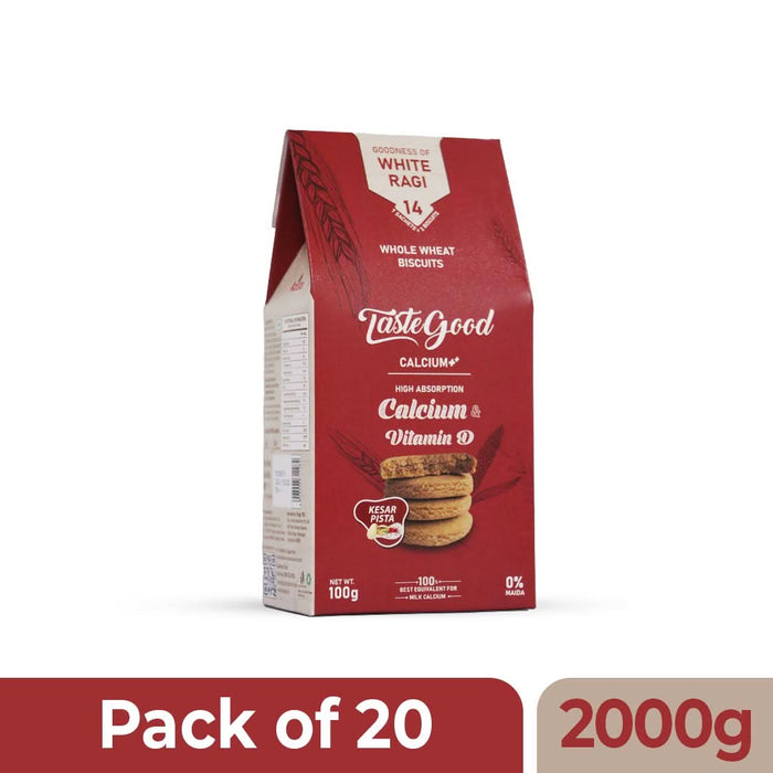 TasteGood Calcium ++ and Vitamin D Biscuits | High - Absorption Calcium & Bone Health Support | Made with White Ragi & Whole Wheat | Kesar Pista Flavored | Zero Cholesterol & Trans Fat | 100g - Azistastore
