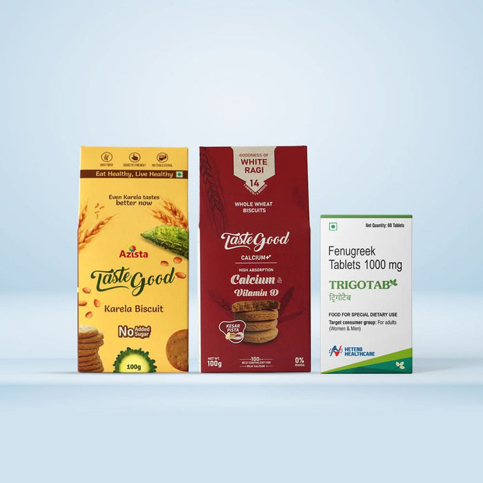 TasteGood Trigotab Combo - TasteGood Karela Pack of 4 , TasteGood Calcium Biscuits Pack of 4 and Trigotab Pack of 1 - Azistastore