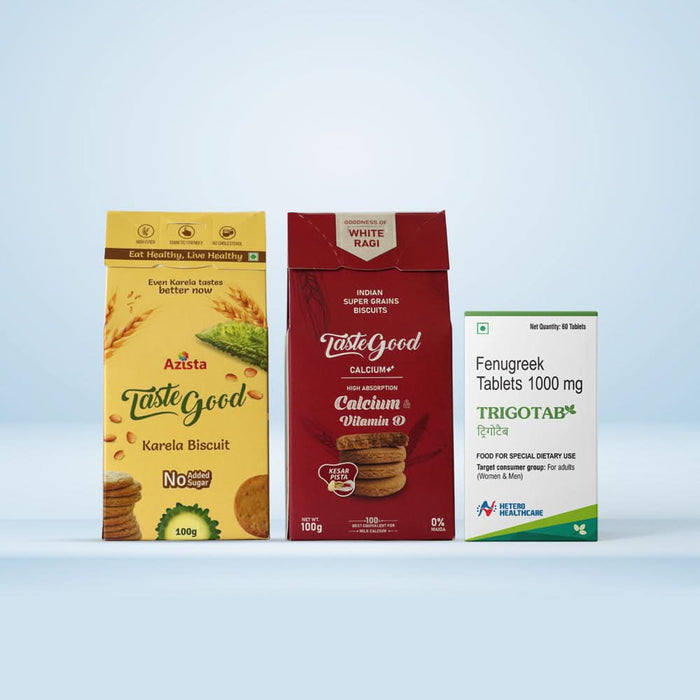 TasteGood Trigotab Combo - TasteGood Karela Pack of 4 , TasteGood Calcium Biscuits Pack of 4 and Trigotab Pack of 1 - Azistastore